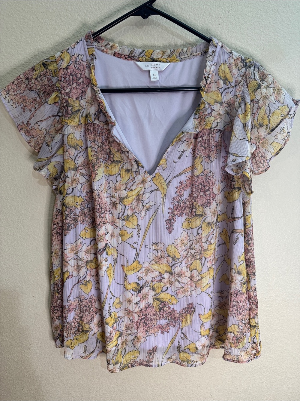 LC Lauren Conrad Lavender Floral Ruffle V-Neck Blouse